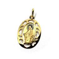 18K YELLOW GOLD OVAL MEDAL 15x23mm VIRGIN MARY MADONNA WITH HEARTS FRAME.