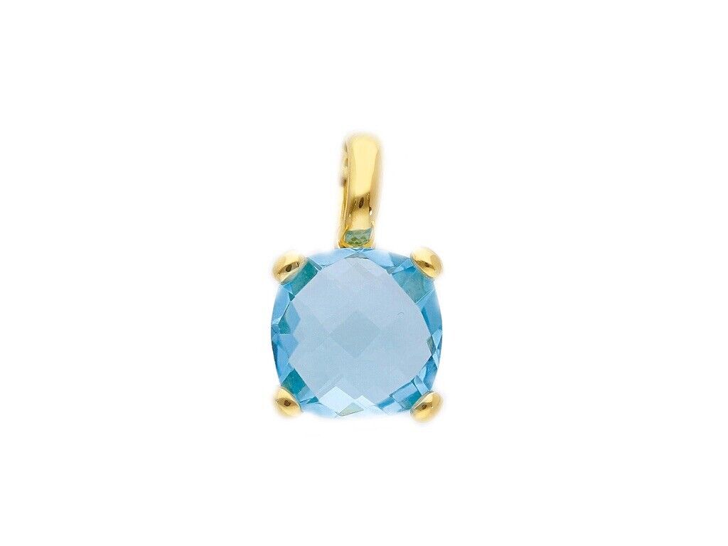 solid 18k yellow gold four prongs pendant with big 10mm blue topaz, cushion cut.