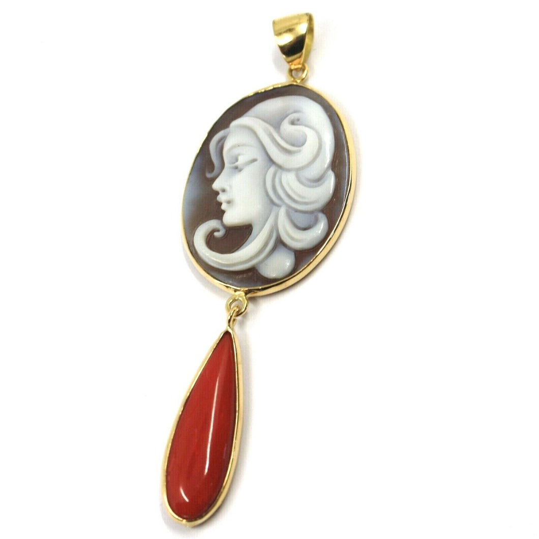 18k yellow gold pendant lady face oval cameo and cabochon red coral drop.