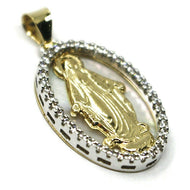 18k yellow white gold miraculous medal virgin Mary mother of pearl zirconia 21mm.
