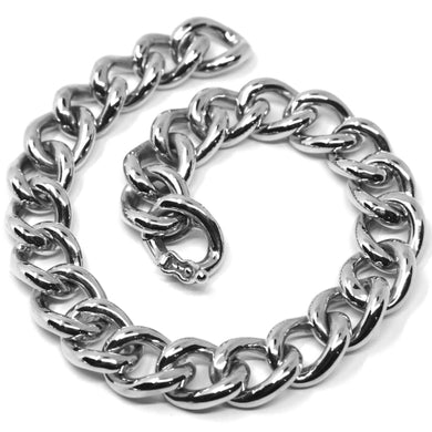 18k white gold bracelet big ondulate rounded gourmette cuban curb links 9.5 mm.