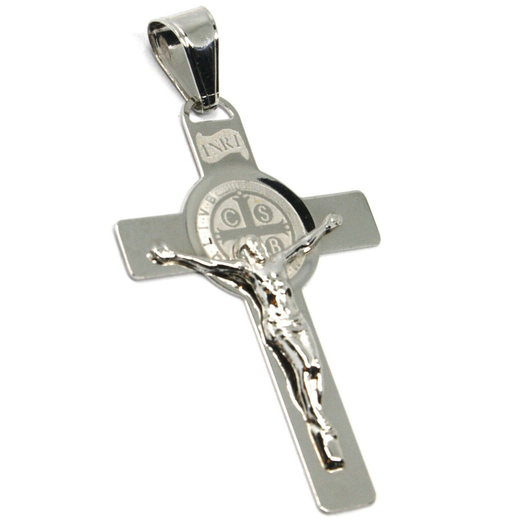 SOLID 18K WHITE GOLD BIG FLAT CROSS WITH JESUS & SAINT BENEDICT MEDAL, 38 mm.