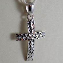 Load image into Gallery viewer, 18k white gold cross, pendant, stylized, hammered, arched, made in Italy.
