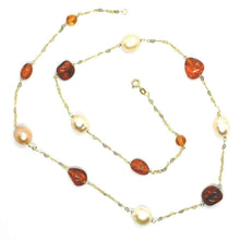 Load image into Gallery viewer, 18k yellow gold necklace 24&quot;, hearts chain, alternate amber &amp; rose drop pearls
