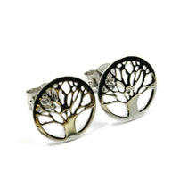 Load image into Gallery viewer, 9K WHITE GOLD LOBE STUDS EARRINGS, FLAT TREE OF LIFE, DIAMETER 10 MM, 0.4&quot;
