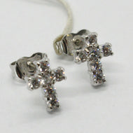18k white gold earrings, mini cross with zirconia, length 8 mm.