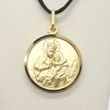 Load image into Gallery viewer, 18k yellow gold Scapular Our Lady of Mount Carmel Sacred Heart medal 15mm Virgin Mary of Carmen pendant.
