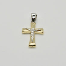 Load image into Gallery viewer, 18k yellow and white gold cross Jesus stylized very luster made in Italy 1.2 in.
