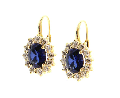 18k yellow gold flower leverback earrings big 7x9mm oval blue crystal, zirconia.