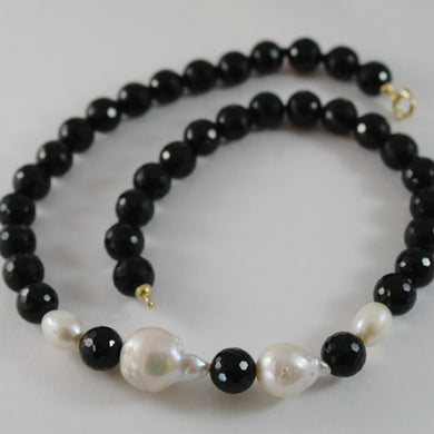 18k yellow gold necklace big drop baroque pearl 20 mm & onyx 10 mm made in Italy.