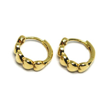 Load image into Gallery viewer, 18K YELLOW GOLD ROUND CIRCLE HOOP SMALL HEARTS ROW EARRINGS DIAMETER 12mm x 4mm.
