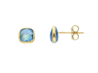 18K YELLOW GOLD STUD BUTTON EARRINGS SQUARE BLUE TOPAZ CUSHION CUT, LENGTH 8mm.