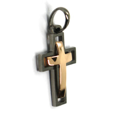 Load image into Gallery viewer, SOLID 18K BLACK &amp; ROSE GOLD DOUBLE CROSS, 0.9 INCHES, MADE IN ITALY SMOOTH SATIN.
