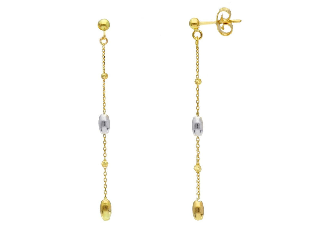 18K YELLOW WHITE GOLD PENDANT EARRINGS, SMALL 2.5mm FACETED OVALS, LENGTH 50mm.