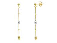 18K YELLOW WHITE GOLD PENDANT EARRINGS, SMALL 2.5mm FACETED OVALS, LENGTH 50mm.