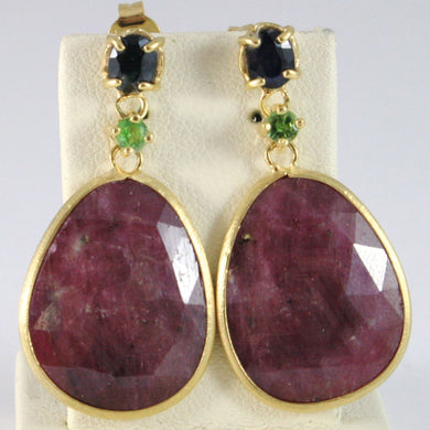 9k yellow gold pendant earrings, drop ruby, green peridot and blue sapphire.