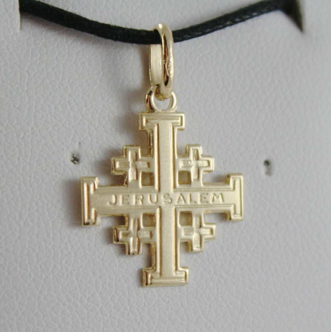solid 18k yellow gold flat 18mm Jerusalem Cross, smooth and satin, made in Italy.