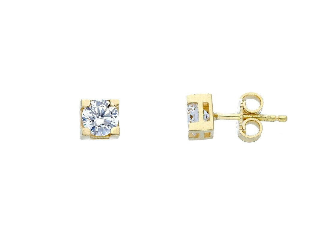 18K YELLOW GOLD STUD EARRINGS WHITE 5mm CUBIC ZIRCONIA, 4 PRONG, SOLITAIRE.