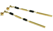 Load image into Gallery viewer, 18k yellow gold pendant earrings, black spinel, double tube, length 3 inches
