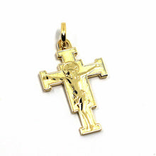 Load image into Gallery viewer, SOLID 18K YELLOW GOLD FLAT SAINT DAMIANO CROSS PENDANT, MADE IN ITALY, 0.9&quot;.
