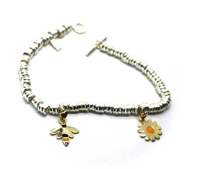 925 STERLING SILVER CIRCLE TUBE BRACELET 9K YELLOW GOLD ENAMEL BEE DAISY PENDANT.
