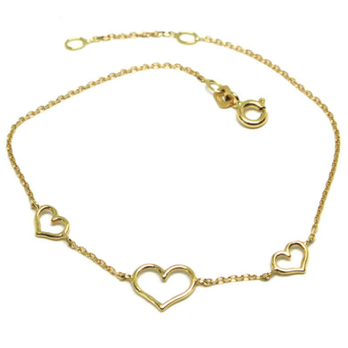 18k yellow gold square rolo thin bracelet, 7.5 inches, 3 hearts, made in Italy.