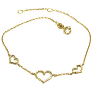 18k yellow gold square rolo thin bracelet, 7.5 inches, 3 hearts, made in Italy.