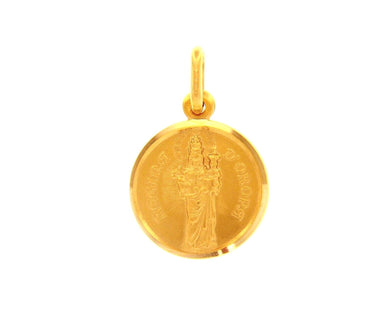 solid 18k yellow gold Our Madonna Virgin Mary Lady of Oropa 15mm round medal pendant, very detailed.