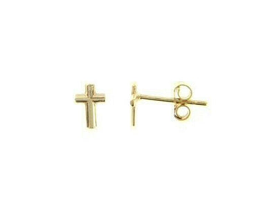 18K YELLOW GOLD EARRINGS SMALL CROSS, SHINY, SMOOTH, 4mm, MADE IN ITALY.