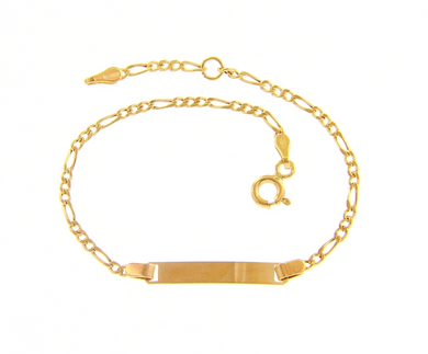 18k yellow gold boy girl baby bracelet engraving plate figaro 3+1 chain 5.5-6.3