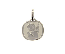 Load image into Gallery viewer, 18K WHITE GOLD PENDANT SQUARE MEDAL GUARDIAN ANGEL IN PRAYER 16mm ENGRAVABLE.
