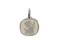 18K WHITE GOLD PENDANT SQUARE MEDAL GUARDIAN ANGEL IN PRAYER 16mm ENGRAVABLE.