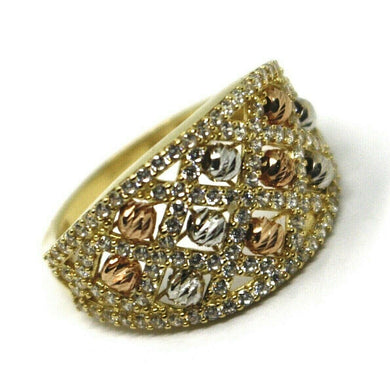 SOLID 18K YELLOW WHITE ROSE GOLD BAND RING WITH CUBIC ZIRCONIA, FACETED BALLS.