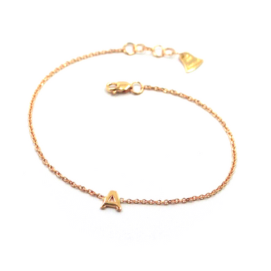 18k rose gold rolo thin bracelet with central small 5mm letter initial A.