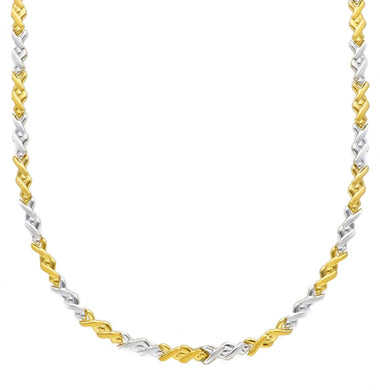 18K YELLOW WHITE GOLD FLAT WORKED ALTERNATE 5mm ONDULATE LINKS CHOKER, NECKLACE.
