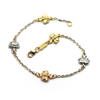 18K YELLOW WHITE ROSE GOLD ROLO TWO TONE BRACELET, ROUNDED BUTTERFLIES 18cm 7.1