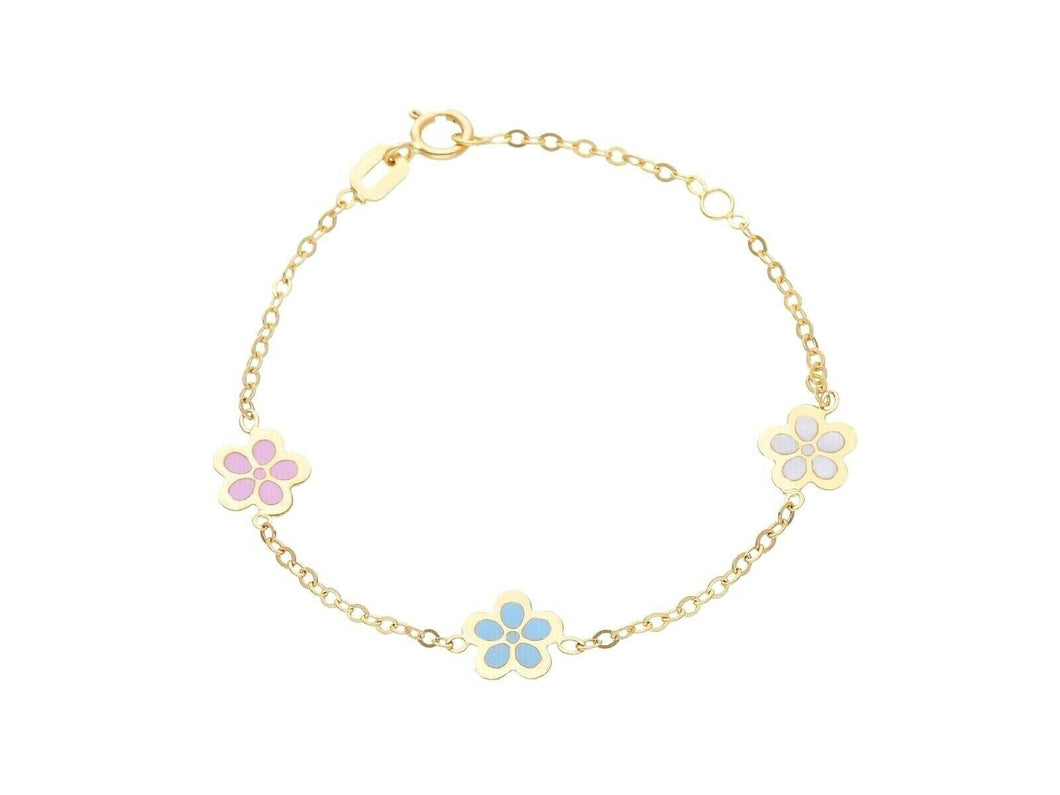 18k yellow gold kid child bracelet enamel daisy flowers, rolo chain.