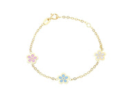 18k yellow gold kid child bracelet enamel daisy flowers, rolo chain.