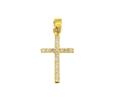 18K YELLOW GOLD 15mm SMALL SQUARE CROSS WITH WHITE CUBIC ZIRCONIA.