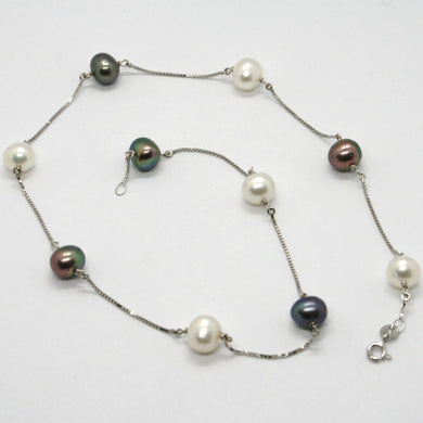 18k white gold necklace, venetian chain alternate black & white pearls 8.5 mm.