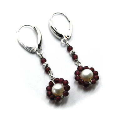 18k white gold 40mm pendant flower garnet earrings and freshwater white pearls.