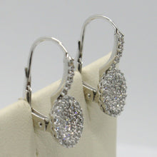 Load image into Gallery viewer, 18k white gold leverback earrings, circle zirconia disc length 20 mm.
