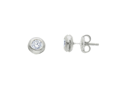 18K WHITE GOLD BEZEL EARRINGS CUBIC ZIRCONIA WITH FRAME SOLITAIRE DIAMETER 6mm.