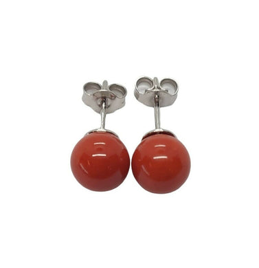 18k white gold balls spheres perfect red coral button earrings, 8mm 0.31 inches.