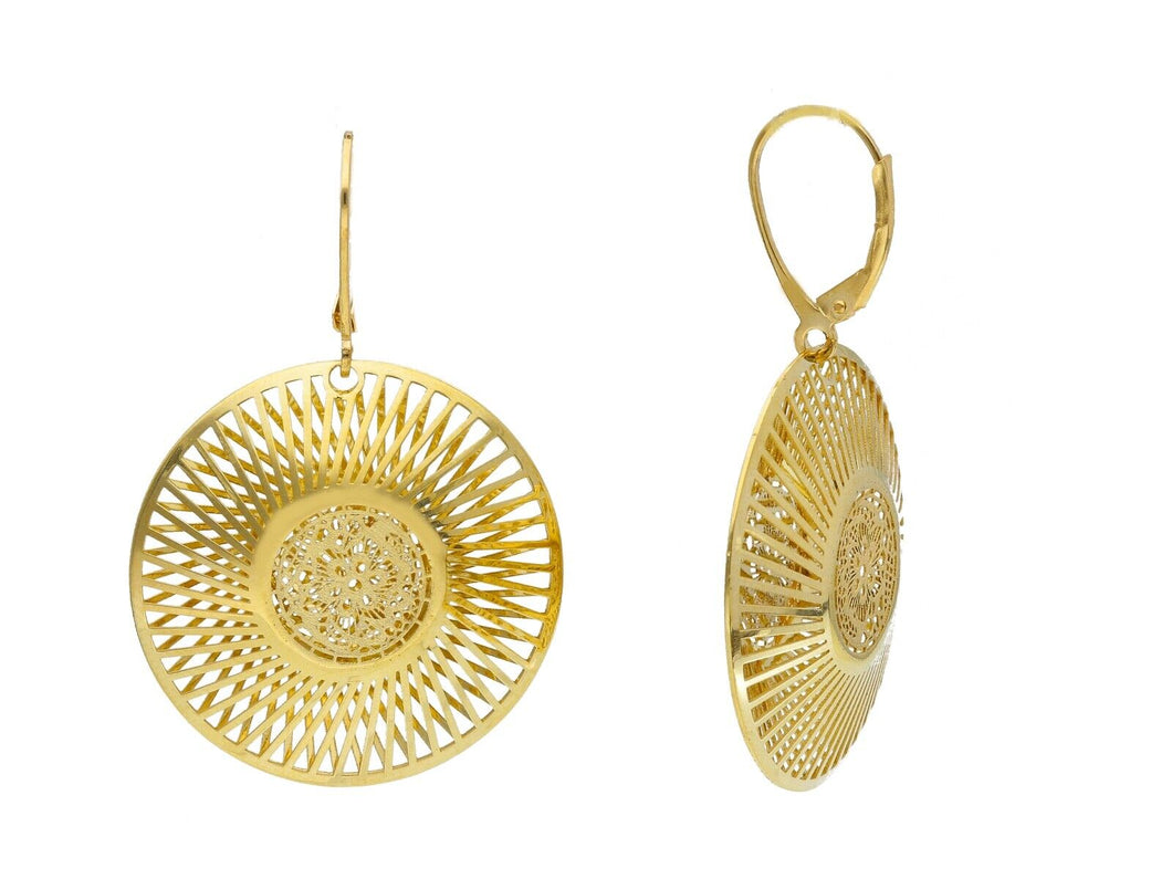 18K YELLOW GOLD PENDANT 45mm EARRINGS WORKED FLOWER RAYS TWO FACES CIRCLES.