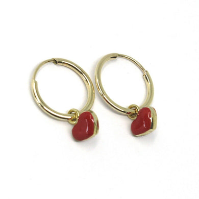 18K YELLOW GOLD CIRCLE HOOPS 13 MM EARRINGS WITH RED ENAMEL MINI HEART PENDANT.