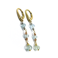 Load image into Gallery viewer, 18k yellow rose white earrings pendant earrings, faceted aquamarine and spheres.
