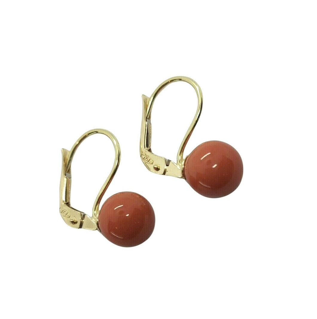 18k yellow gold leverback earrings balls spheres intense red coral, 8mm 0.3