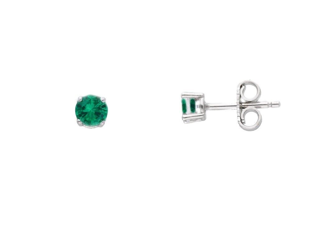 18k white gold stud four prong earrings with round 4mm green cubic zirconia.