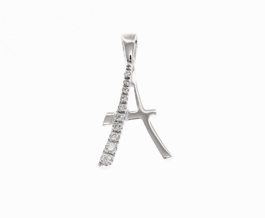 18k white gold pendant charm initial A letter A and cubic zirconia.